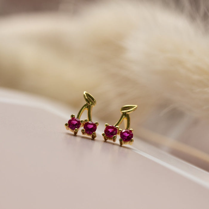 Sterling Silver Red Cherries Stud Earrings - 14kt Gold Vermeil