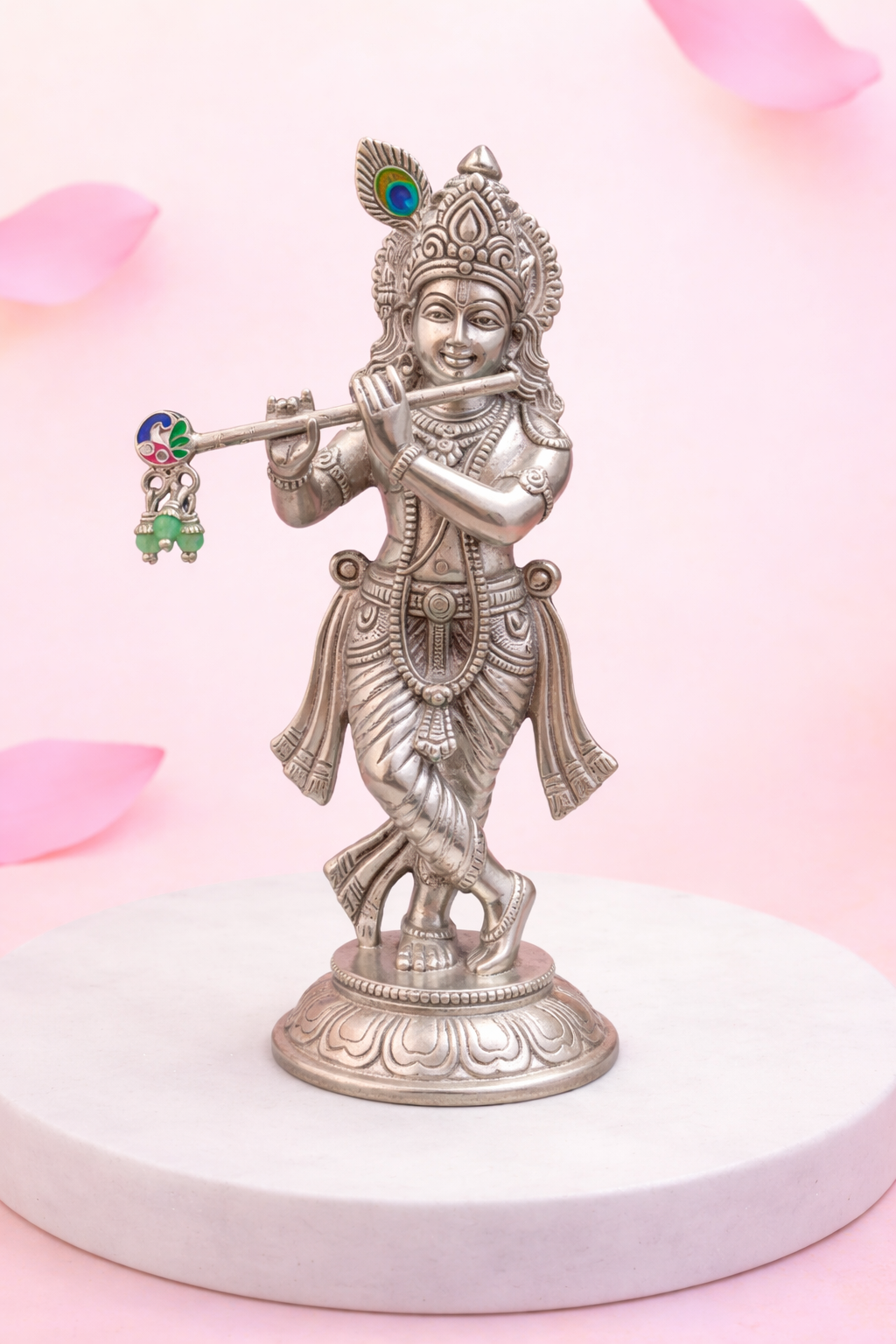 Silver Flute with peacock and ghungroo