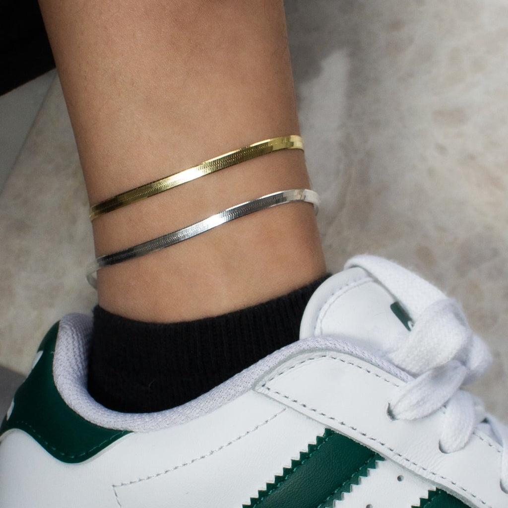 Sterling Silver Herring bone Anklet - 14kt Gold Vermeil