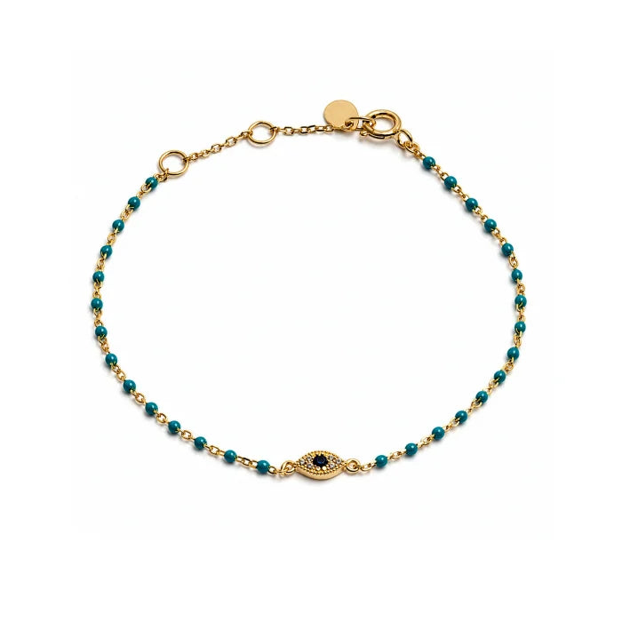 Sterling Silver Gold Vermeil CZ Evil Eye Turquoise Beads Bracelet