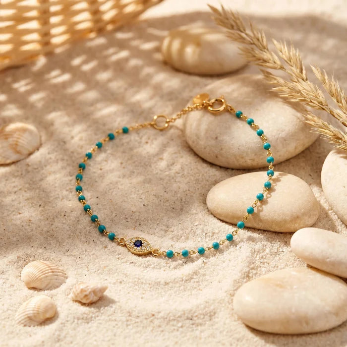 Sterling Silver Gold Vermeil CZ Evil Eye Turquoise Beads Bracelet