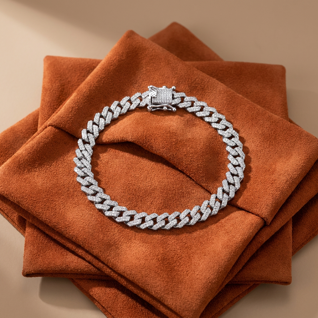 Sterling Silver CZ Pave Curb Hip Hop Bracelet 8mm