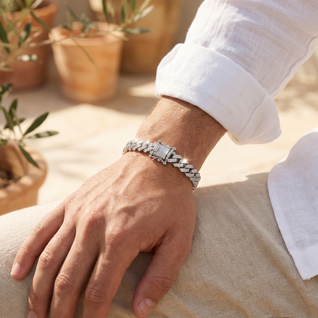 Sterling Silver CZ Pave Curb Hip Hop Bracelet 8mm