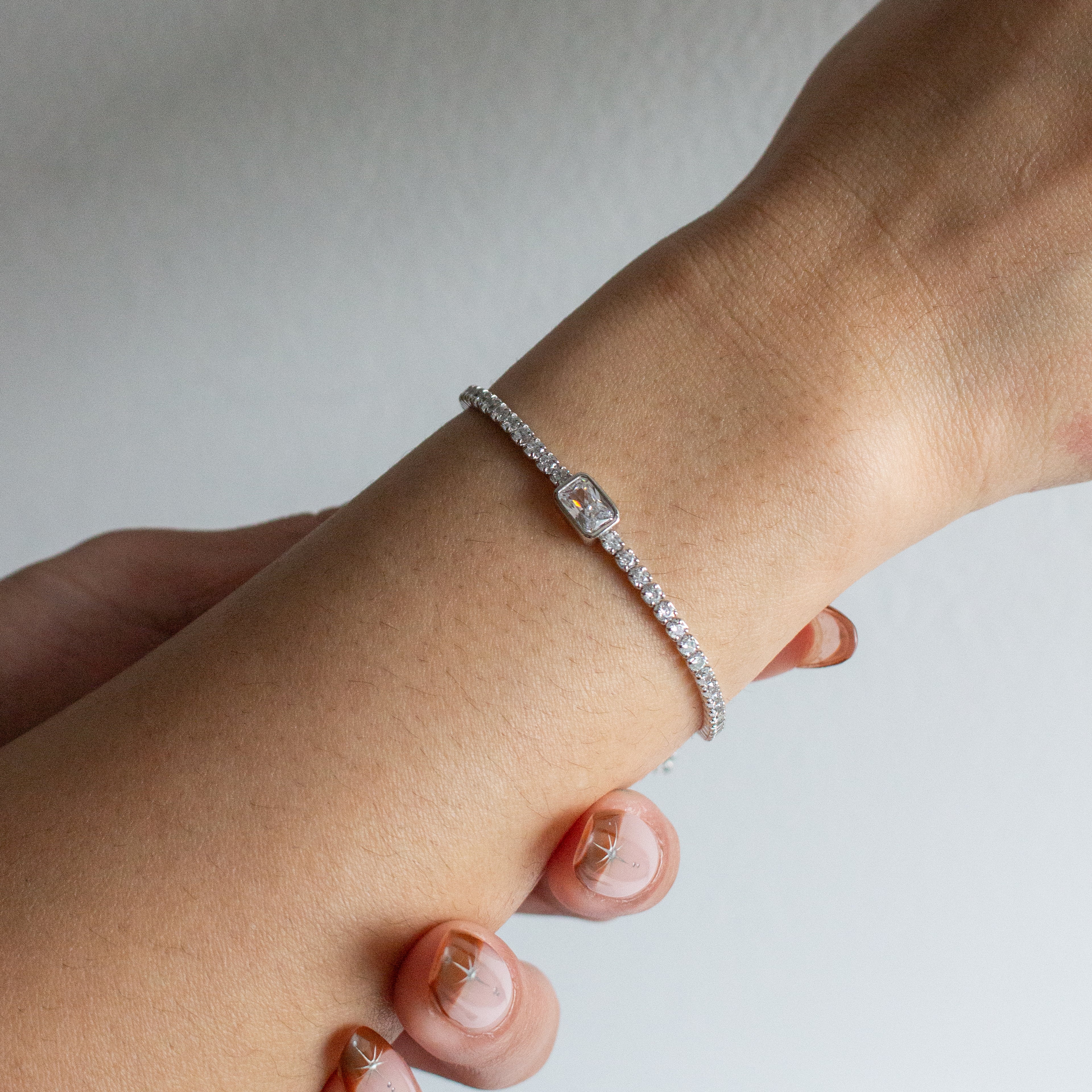 Sterling Silver CZ Bezel Set Rectangle Cut Tennis Bracelet