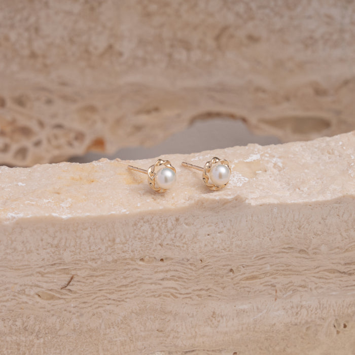 10K Yellow Gold Pearl Blossom Stud Earrings