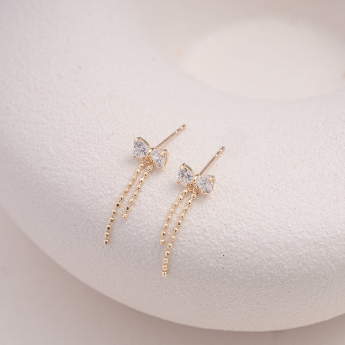 10K Yellow Gold Bow Tassel Drop Earrings