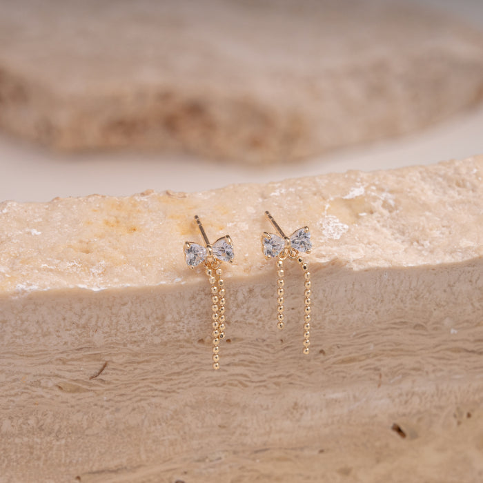 10K Yellow Gold Bow Tassel Drop Earrings