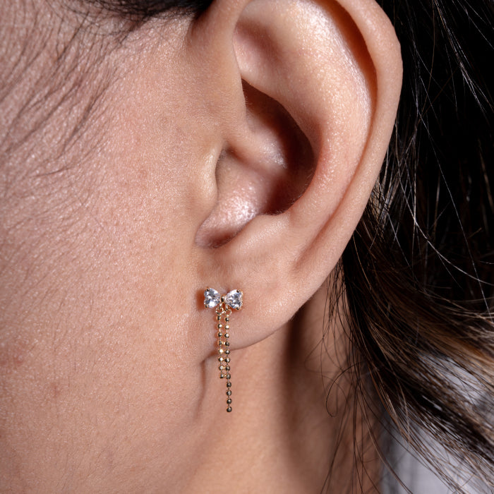 10K Yellow Gold Bow Tassel Drop Earrings
