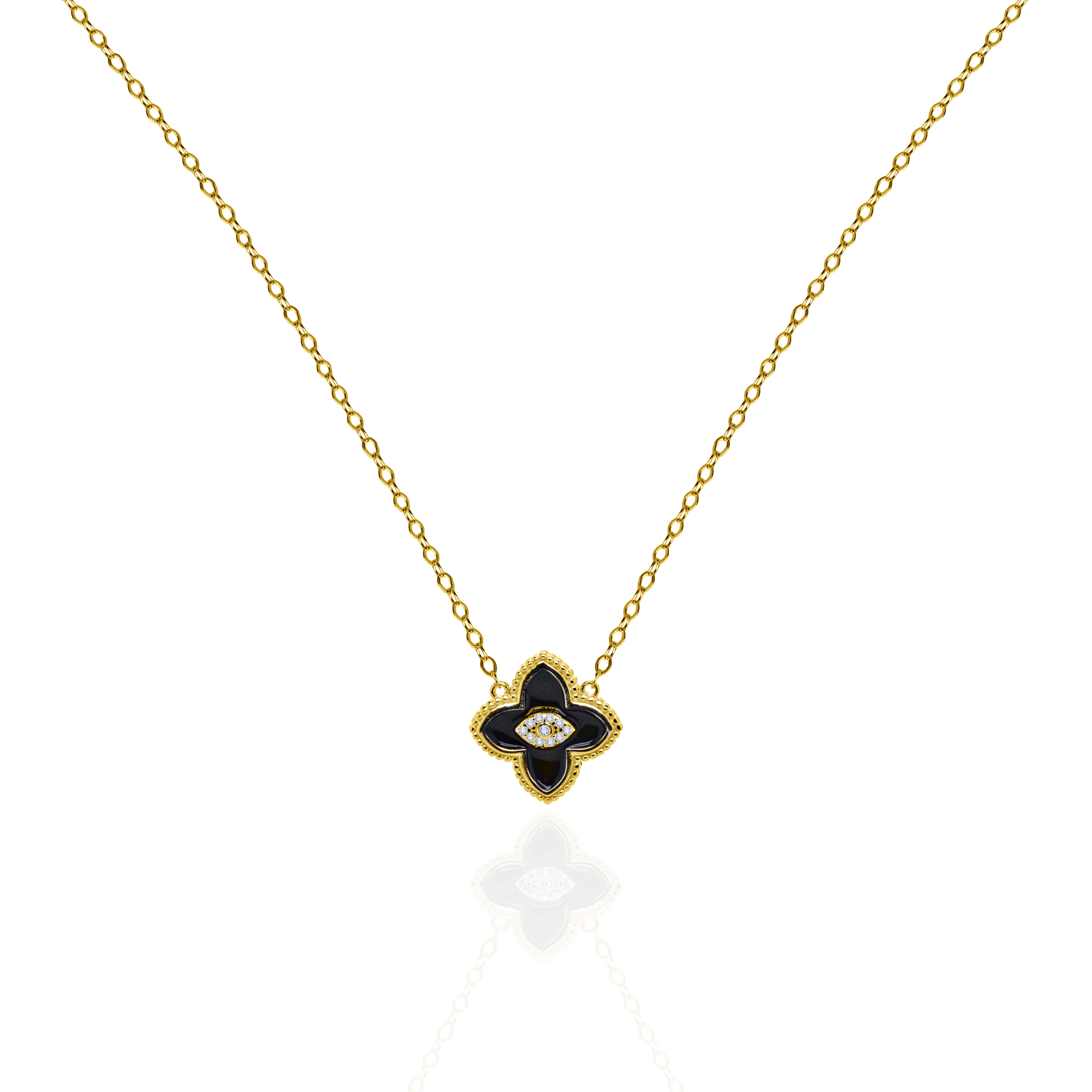 Designer Inspired Center CZ Clover Necklace - Black