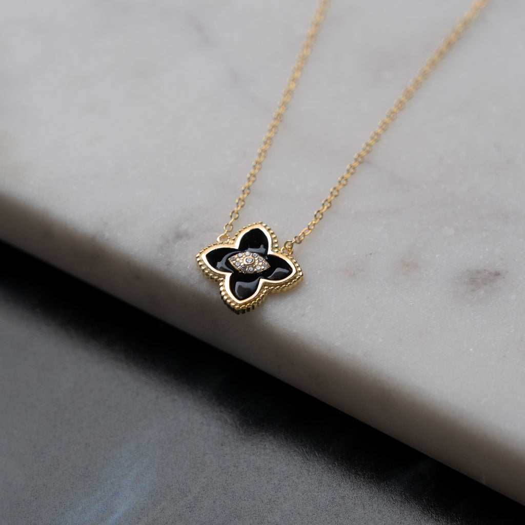 Designer Inspired Center CZ Clover Necklace - Black