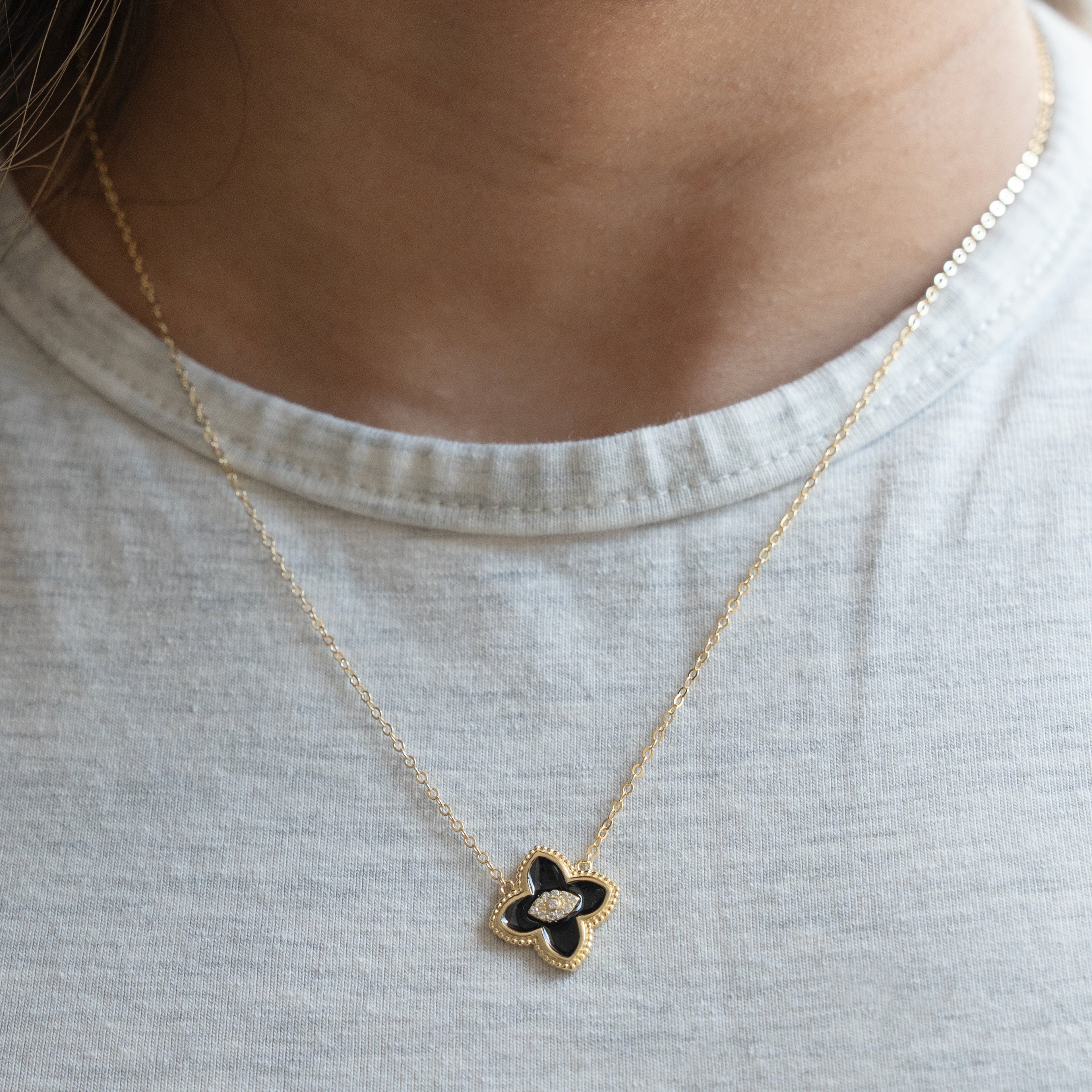 Designer Inspired Center CZ Clover Necklace - Black