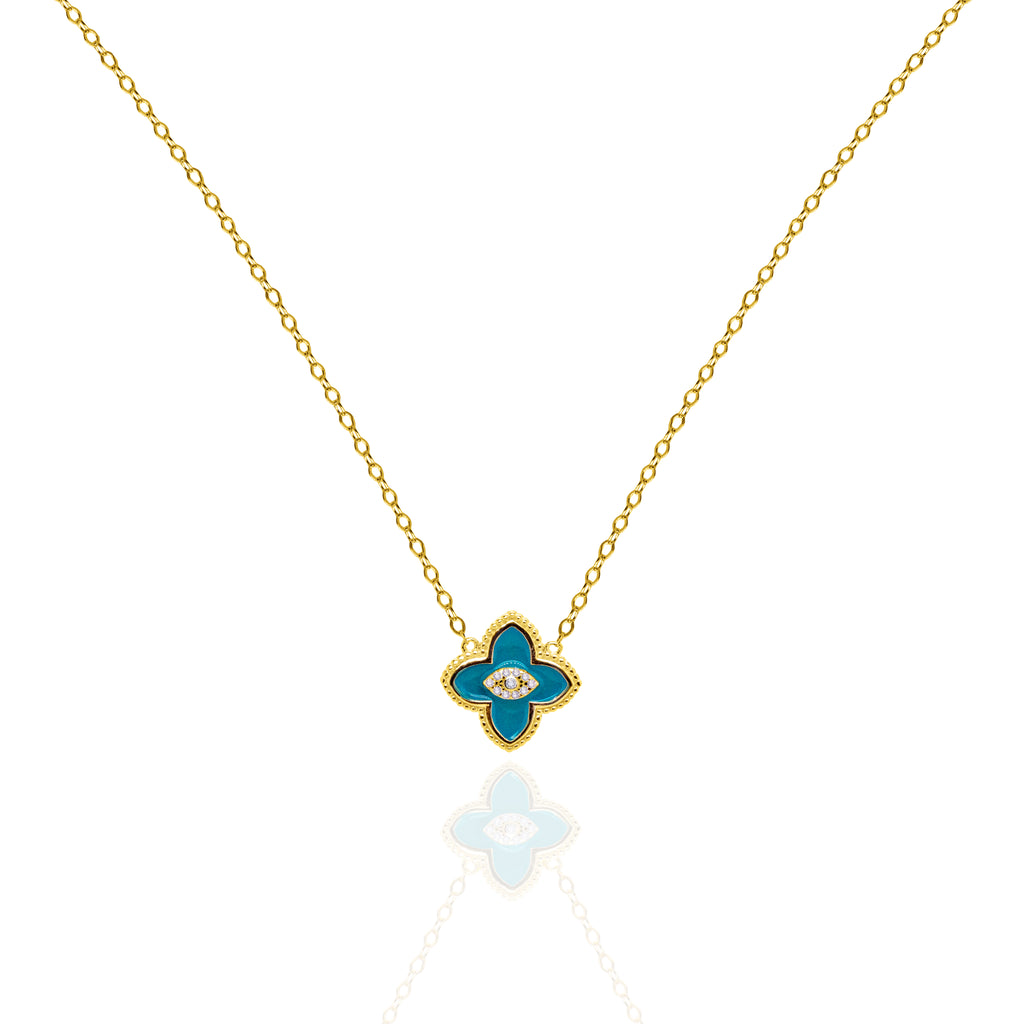 Designer Inspired Center CZ Clover Necklace - Turquoise
