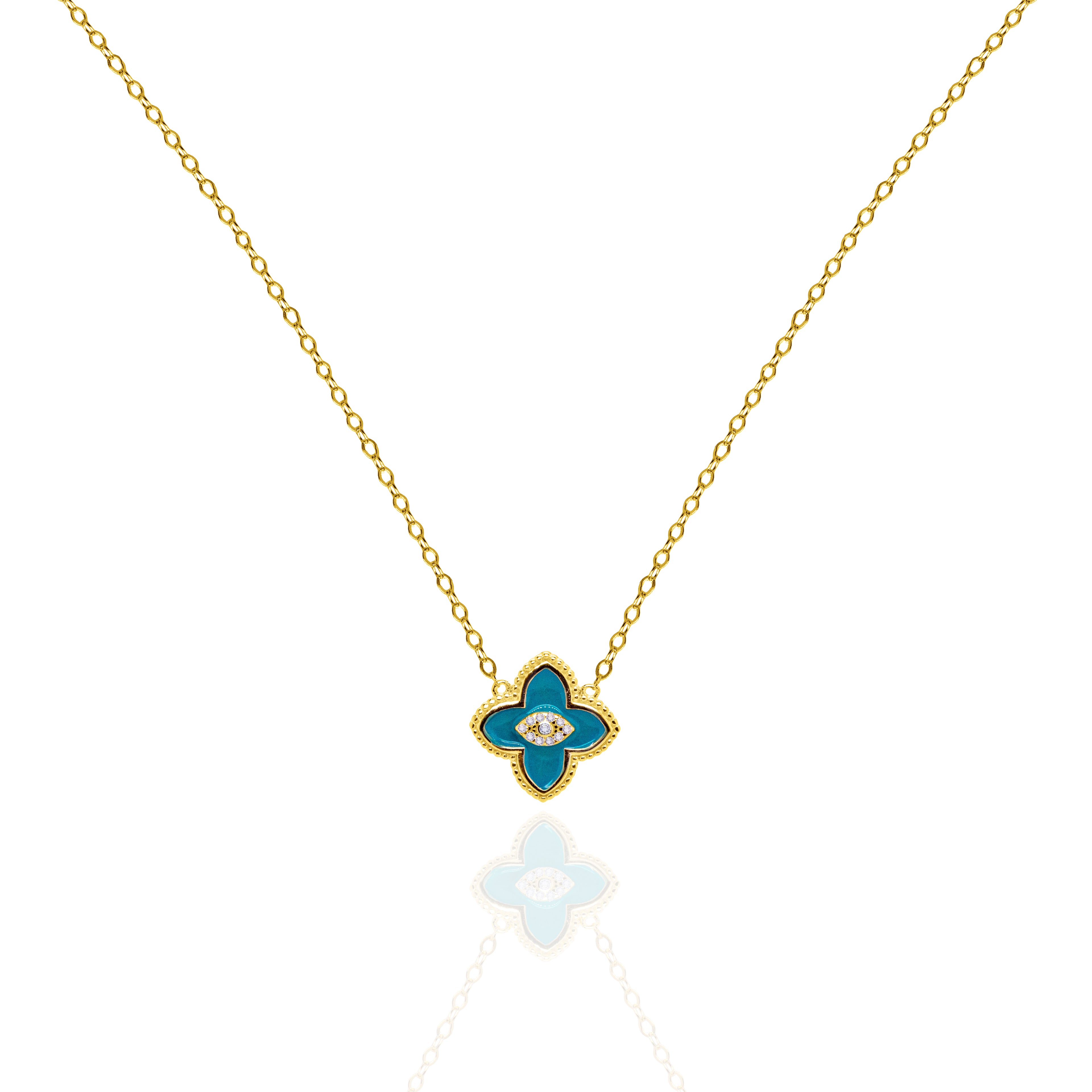 Designer Inspired Center CZ Clover Necklace - Turquoise