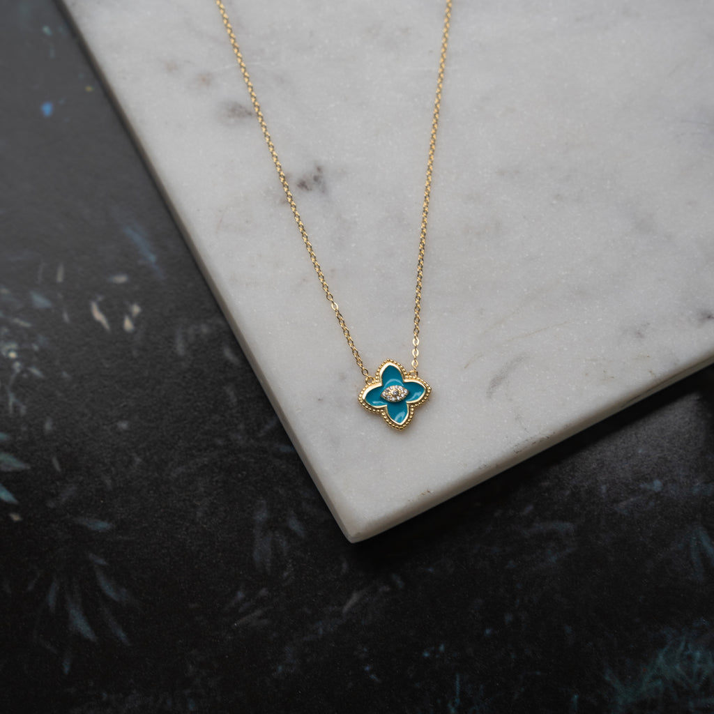 Designer Inspired Center CZ Clover Necklace - Turquoise