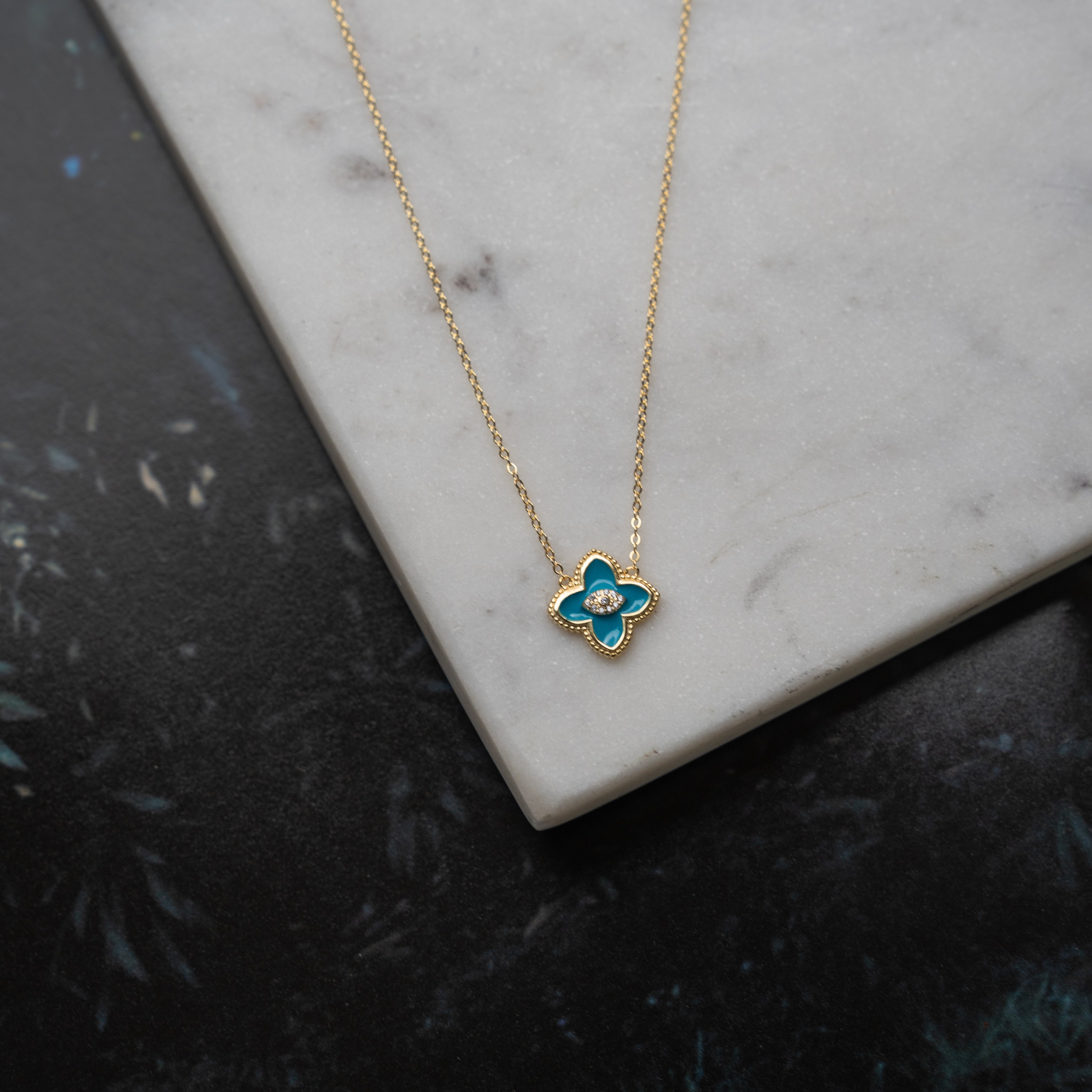 Designer Inspired Center CZ Clover Necklace - Turquoise