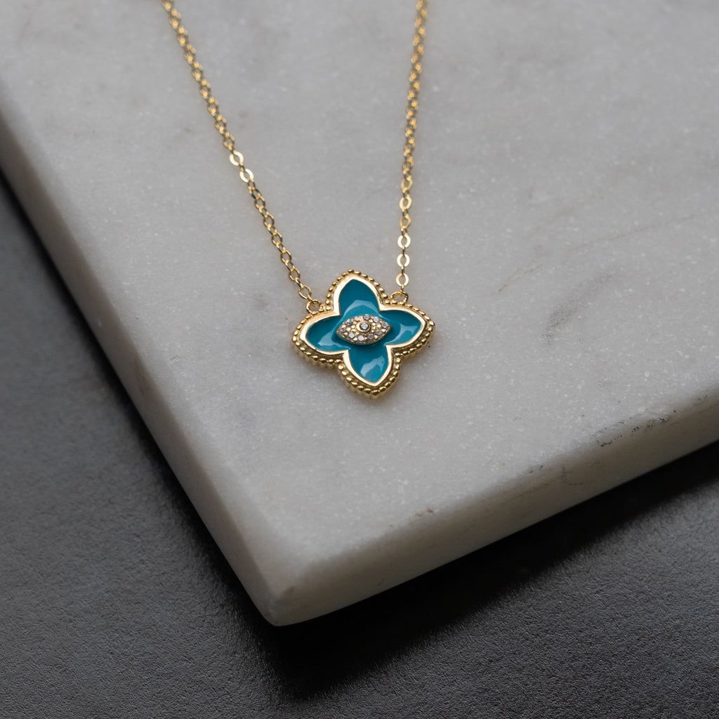 Designer Inspired Center CZ Clover Necklace - Turquoise