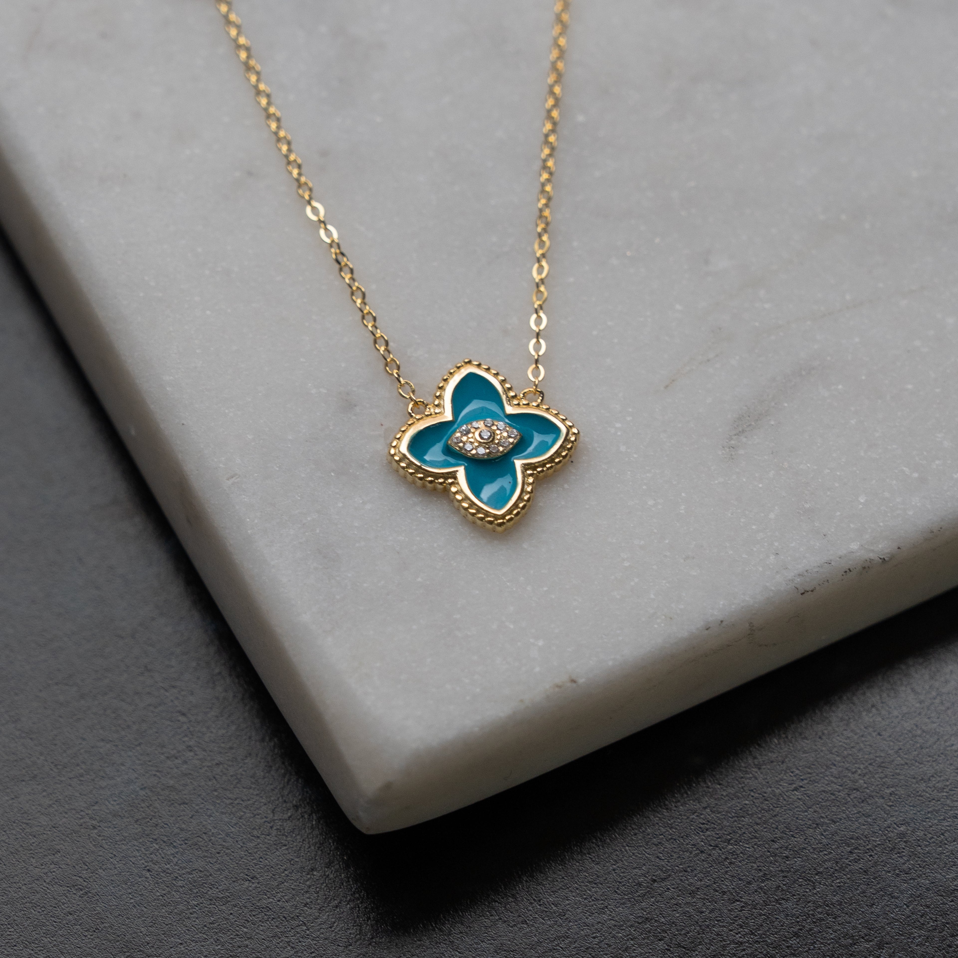 Designer Inspired Center CZ Clover Necklace - Turquoise