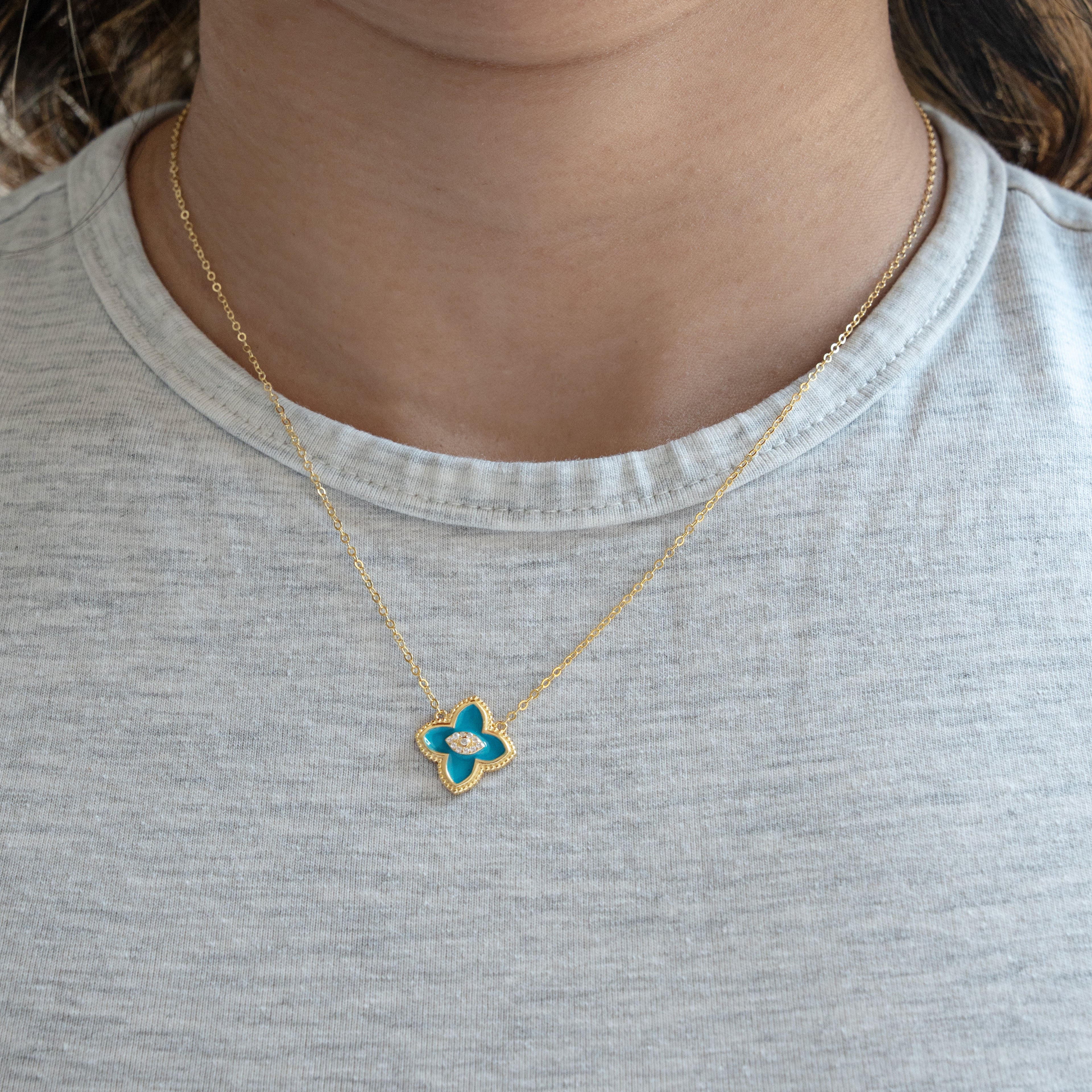 Designer Inspired Center CZ Clover Necklace - Turquoise