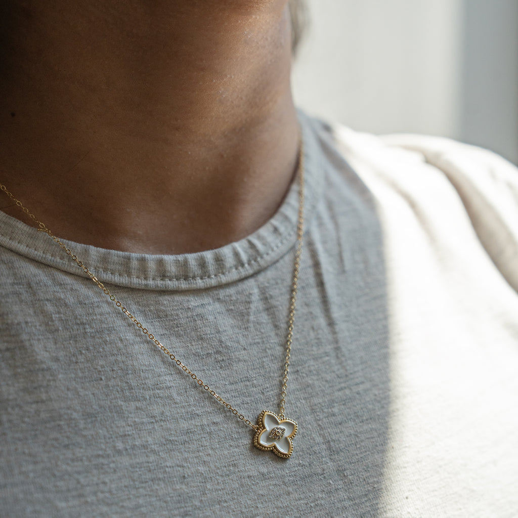 Designer Inspired Center CZ Clover Necklace - White