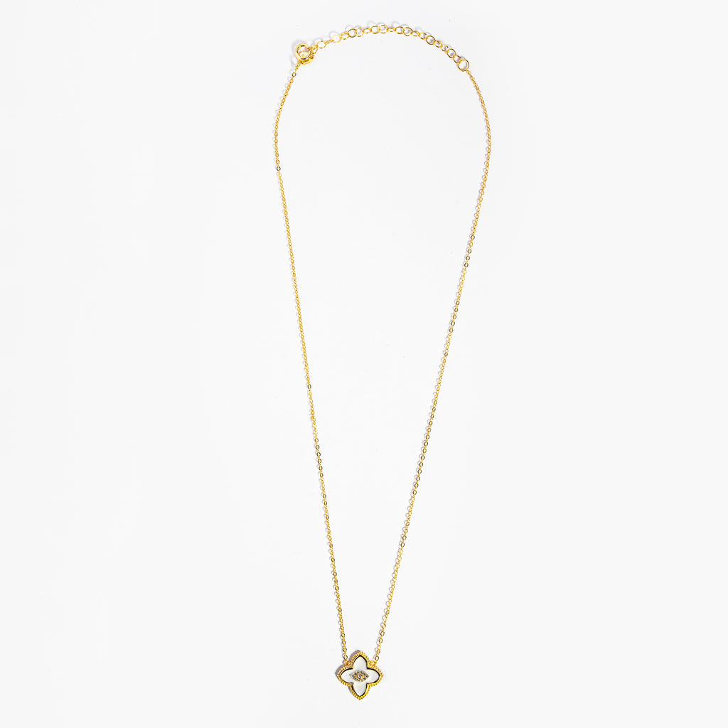 Designer Inspired Center CZ Clover Necklace - White