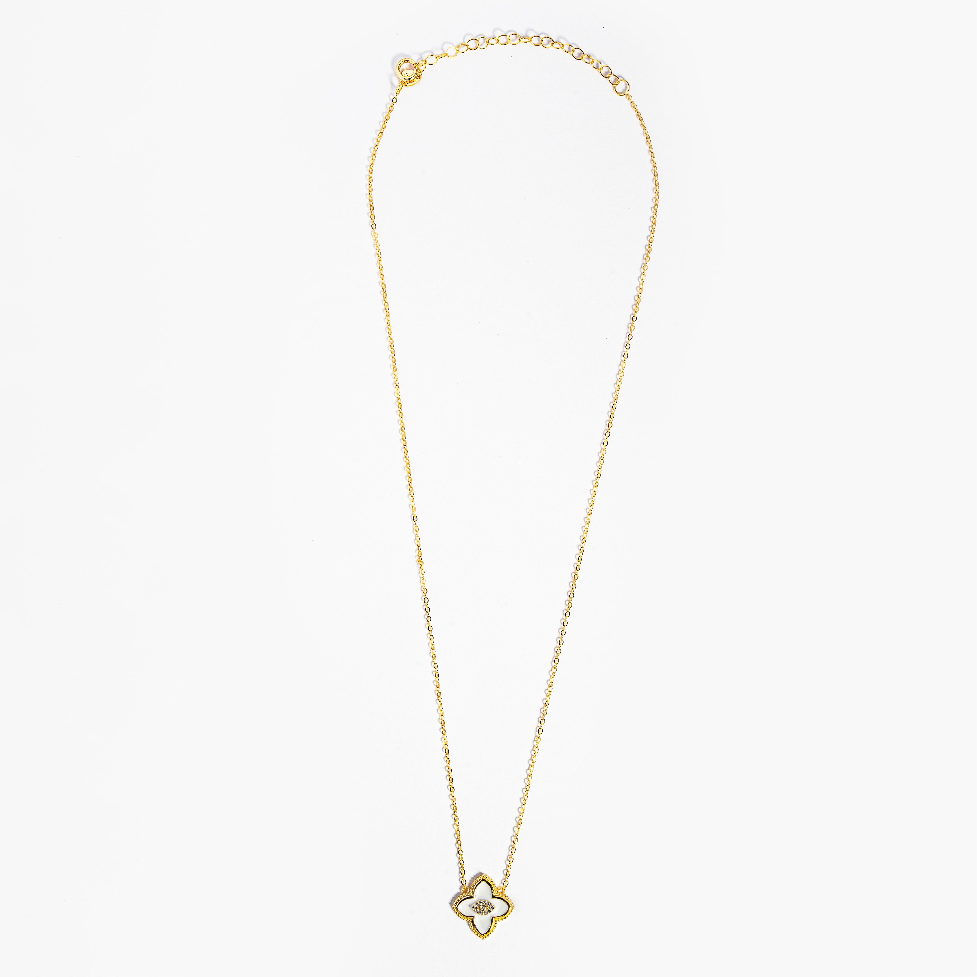 Designer Inspired Center CZ Clover Necklace - White