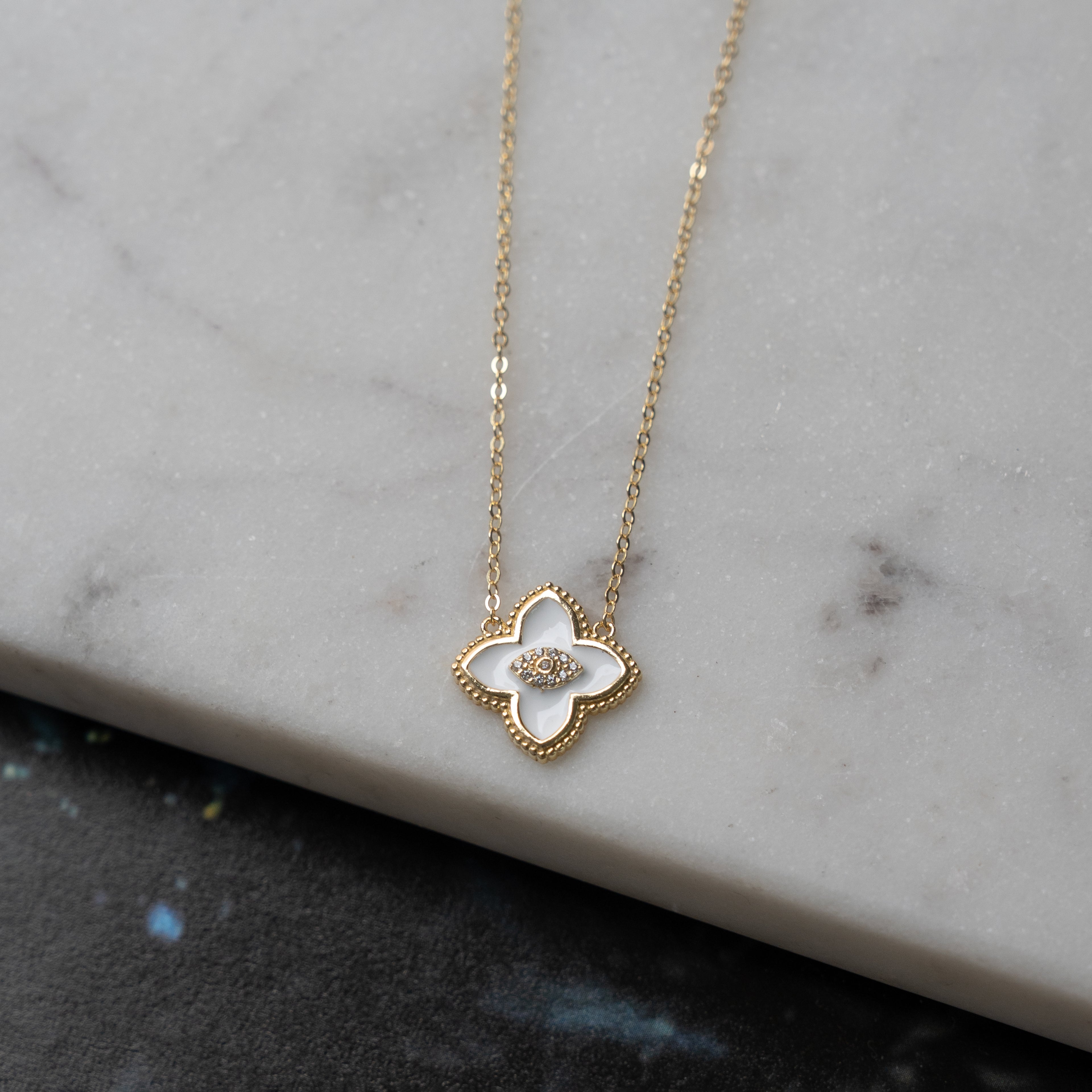 Designer Inspired Center CZ Clover Necklace - White