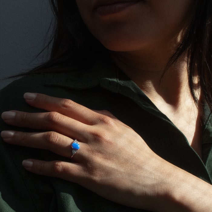 Sterling Silver Blue Opal Ring with CZ