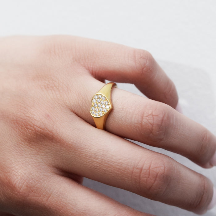 Gold Vermeil CZ Heart Signet Ring