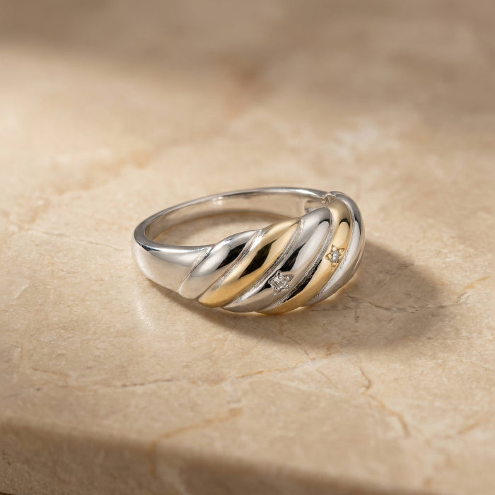 Two Tones Cubic Zirconia Twisted Dome Ring
