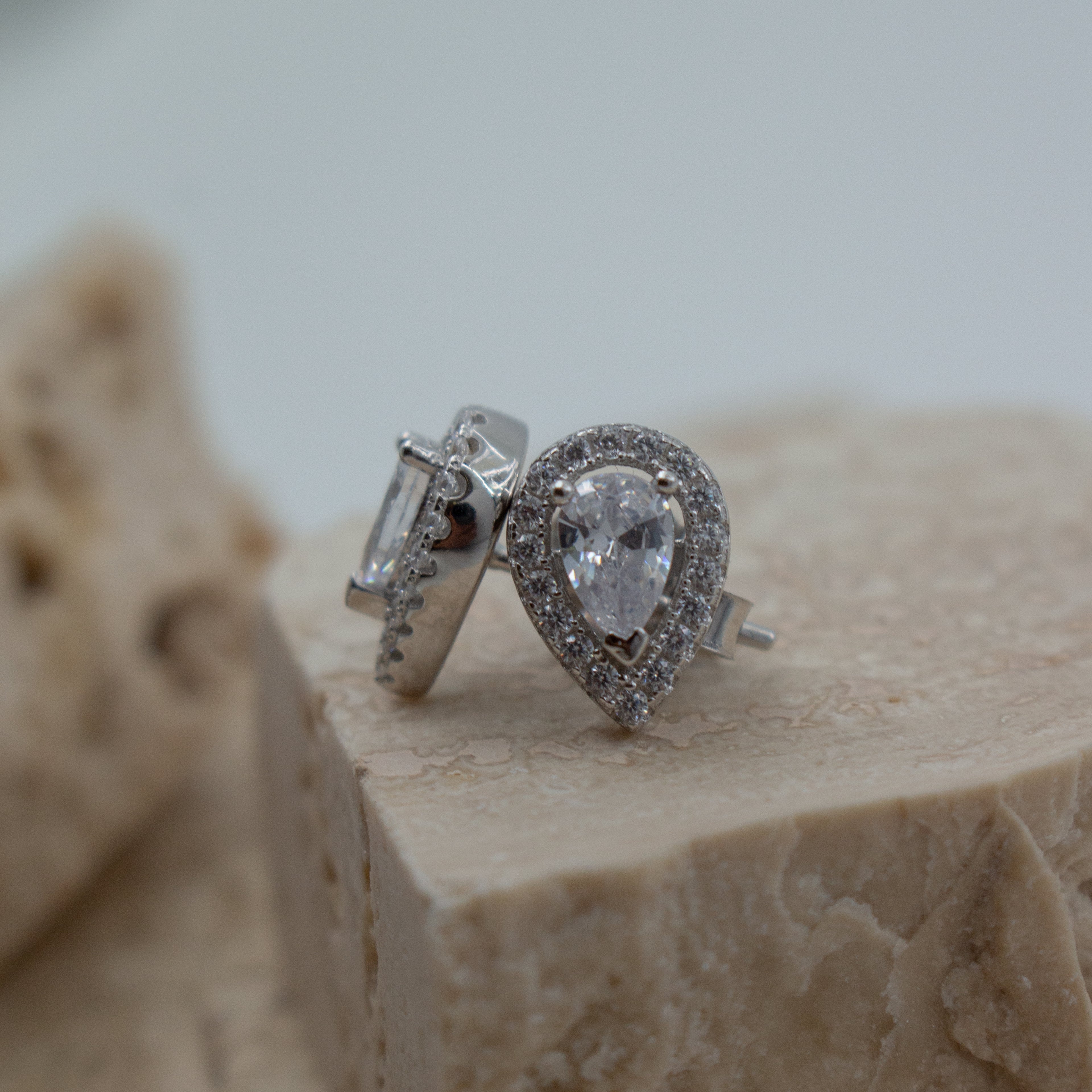 Sterling Silver Halo Teardrop Stud Earrings